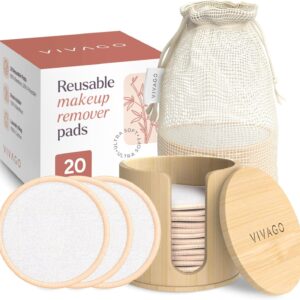 Reusable Cotton Rounds for Face - (20 Pack) Soft Reusable Makeup Remover Pads with Washable Drawstring Laundry Bag & Bamboo Holder - All Skin Type Skincare Set Facial Cleaning Cloth