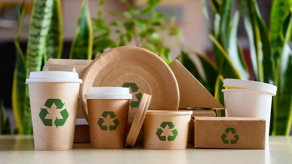 A collection of reusable eco friendly products including paper cups, plates, and boxes with green recycling symbols on a table.